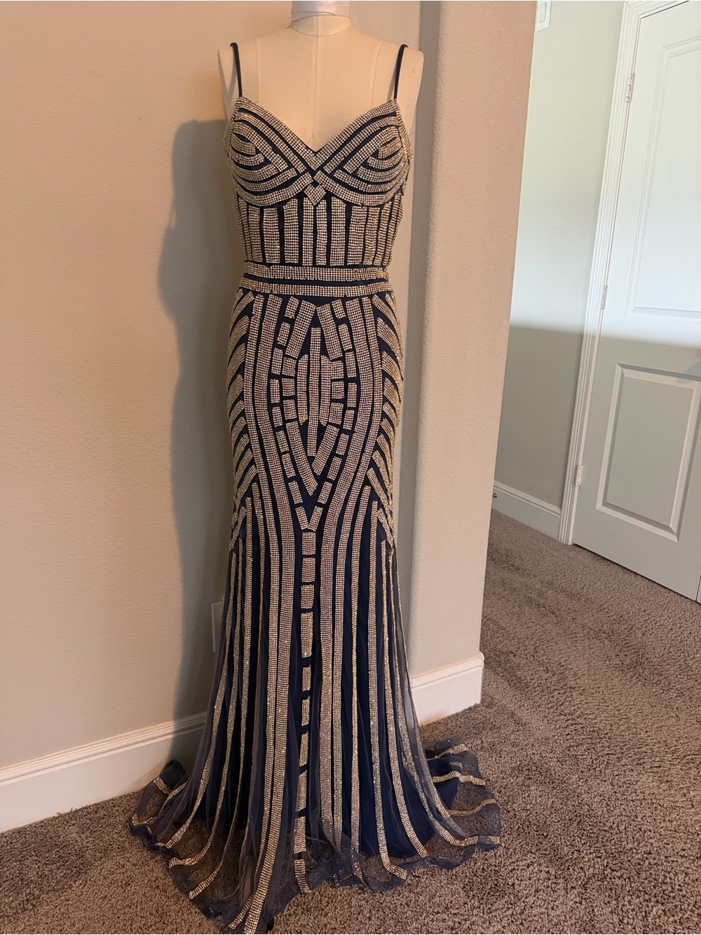 Navy and Gold Beaded Evening Gown